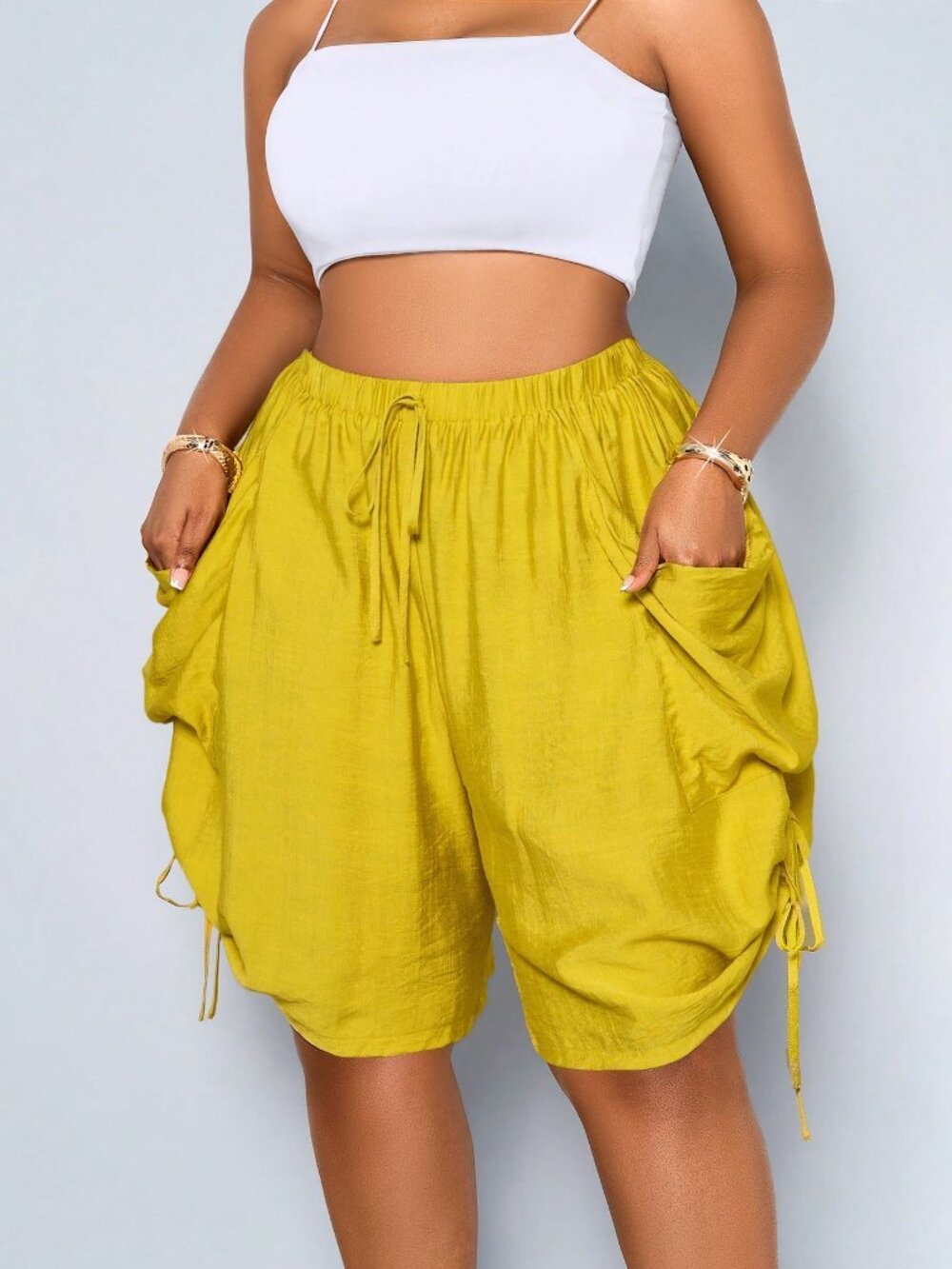 Mustard Yellow Casual Women's Loose Wide-Legged Drawstring Cargo Bermuda Shorts
